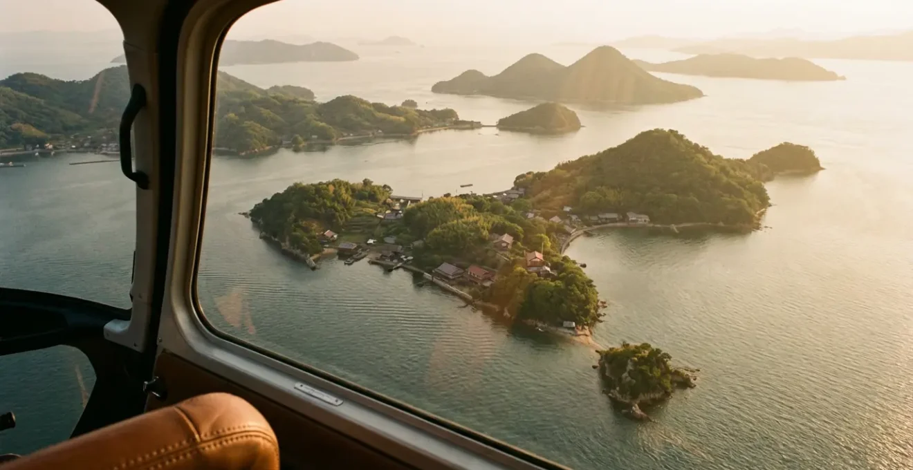 Vue aérienne d'un hélicoptère privé survolant les îles de la mer intérieure de Seto au Japon