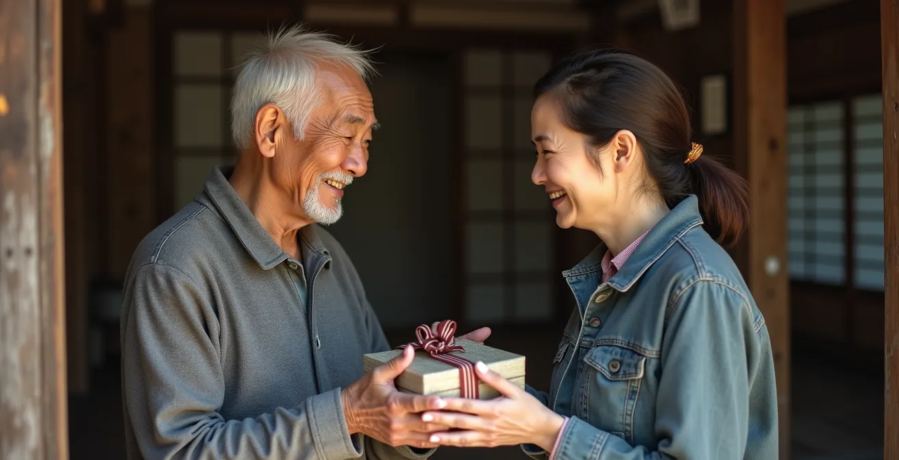 Échange chaleureux entre un visiteur et un habitant âgé d'un village rural japonais, communication par gestes et sourires