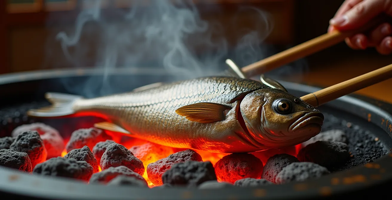 Intérieur d'une maison traditionnelle japonaise avec un irori central où un poisson est délicatement grillé sur un jizaikagi