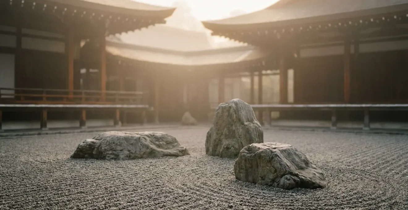 Vue d'un jardin zen japonais avec graviers ratissés et temple traditionnel en arrière-plan