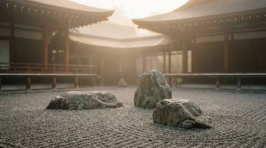 Vue d'un jardin zen japonais avec graviers ratissés et temple traditionnel en arrière-plan