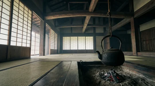 Intérieur d'une kominka avec foyer irori central et poutres apparentes