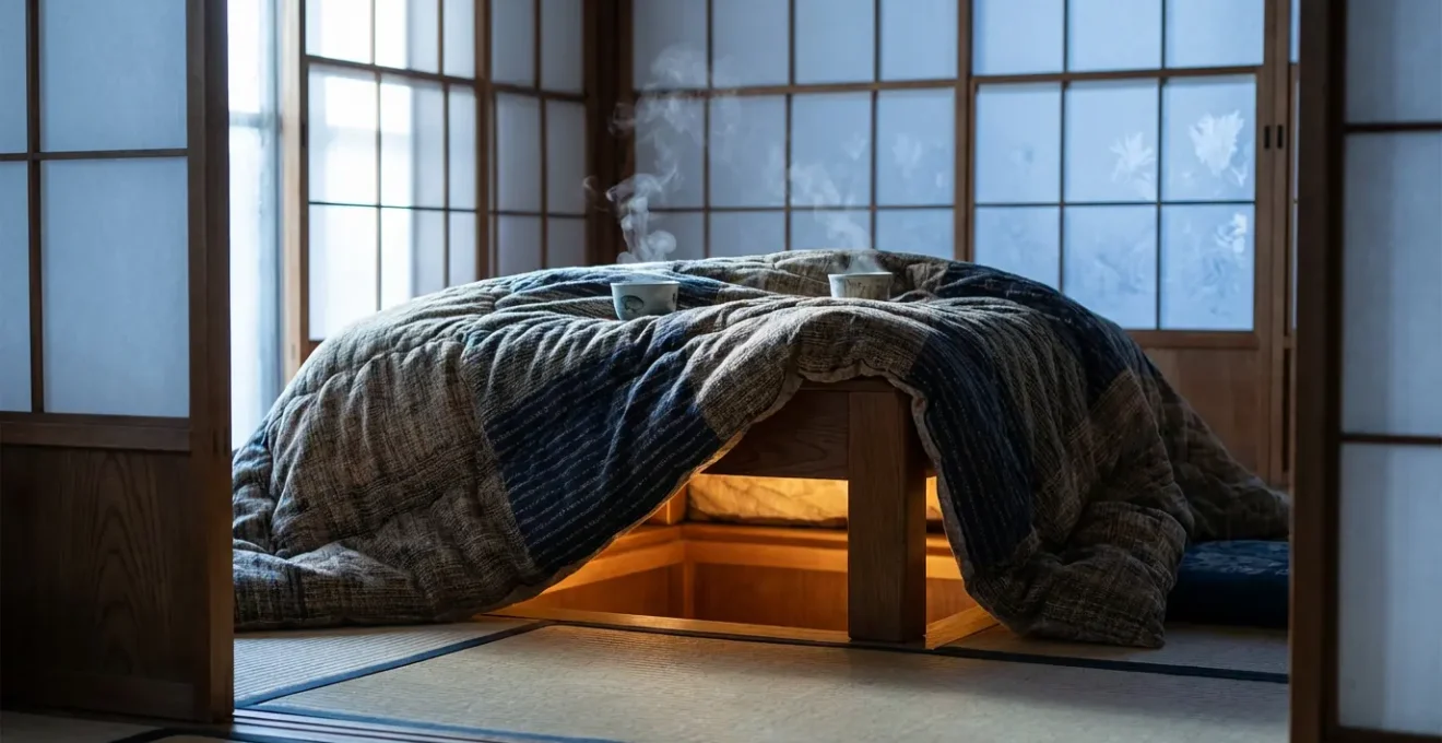Gros plan sur un kotatsu traditionnel avec ses couvertures épaisses et le cadre en bois, éclairé par une lumière chaude d'hiver