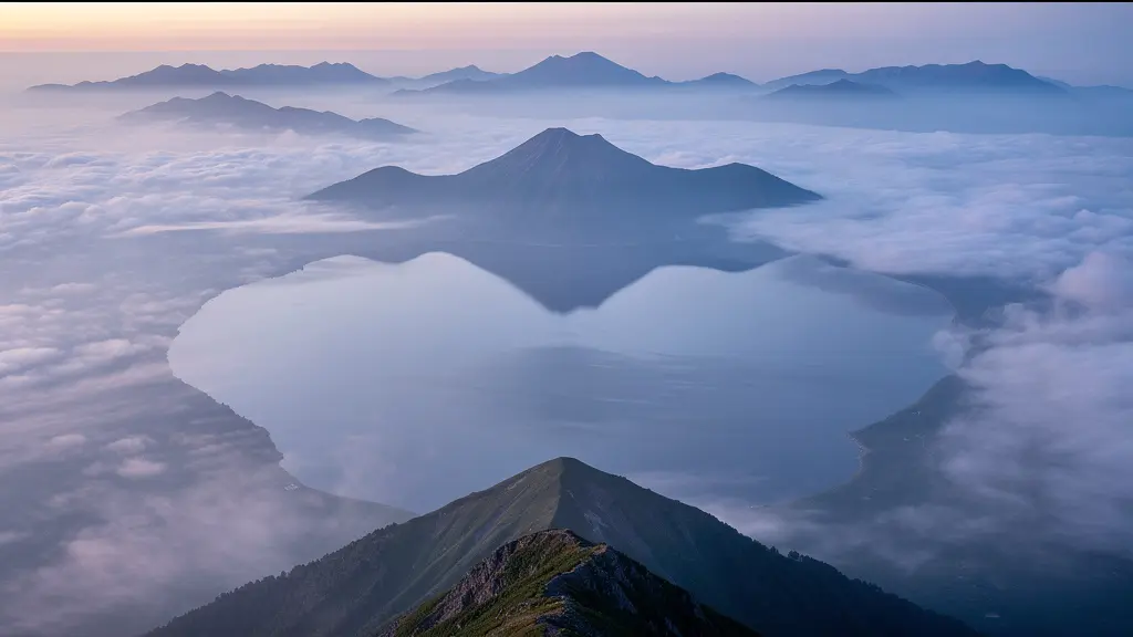 Lac Mashu enveloppé de brume matinale avec montagnes émergentes