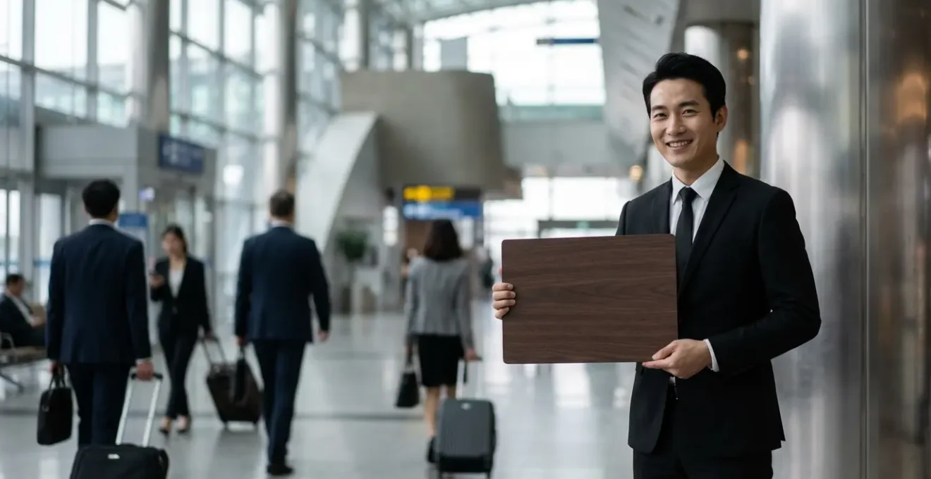 Chauffeur de limousine tenant un panneau nominatif dans le hall d'arrivée d'un aéroport de Tokyo