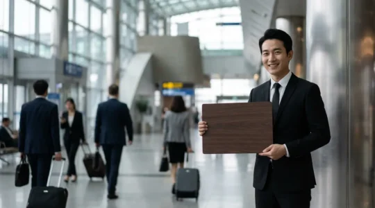 Chauffeur de limousine tenant un panneau nominatif dans le hall d'arrivée d'un aéroport de Tokyo