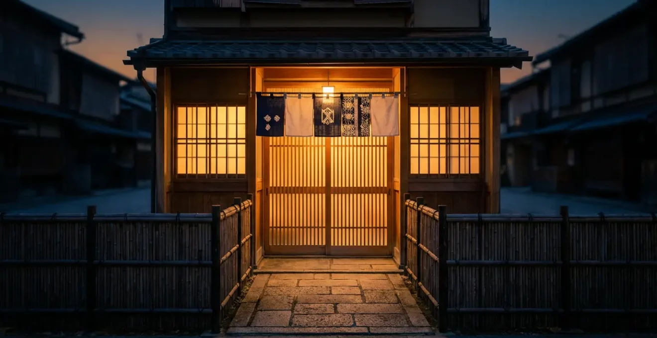 Façade traditionnelle d'une maison de thé éclairée par des lanternes dans le quartier de Gion à Kyoto