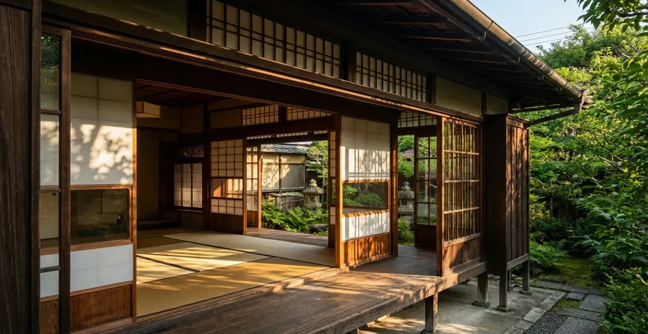 Vue large d'une maison traditionnelle japonaise avec ses cloisons amovibles ouvertes, laissant voir l'intérieur et le jardin, sous une lumière estivale
