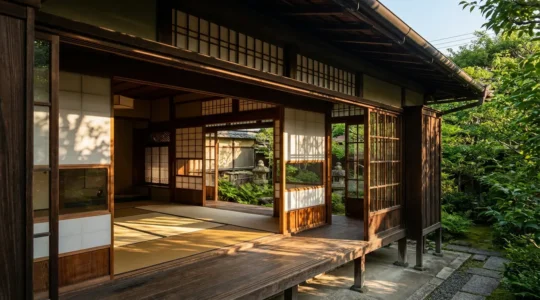 Vue large d'une maison traditionnelle japonaise avec ses cloisons amovibles ouvertes, laissant voir l'intérieur et le jardin, sous une lumière estivale