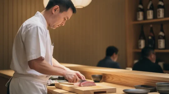 Chef sushi japonais en pleine concentration au comptoir d'un restaurant traditionnel, créant des sushis dans un silence méditatif