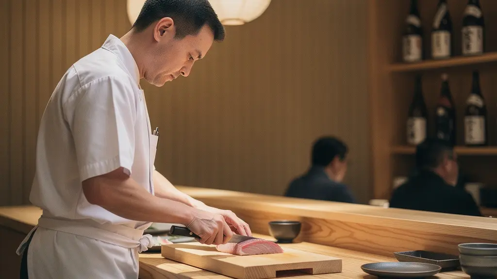 Chef sushi japonais en pleine concentration au comptoir d'un restaurant traditionnel, créant des sushis dans un silence méditatif