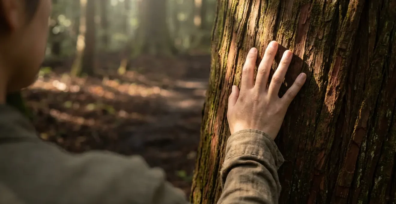 Personne pratiquant la marche méditative sur un sentier forestier japonais bordé de cèdres, touchant délicatement l'écorce d'un arbre