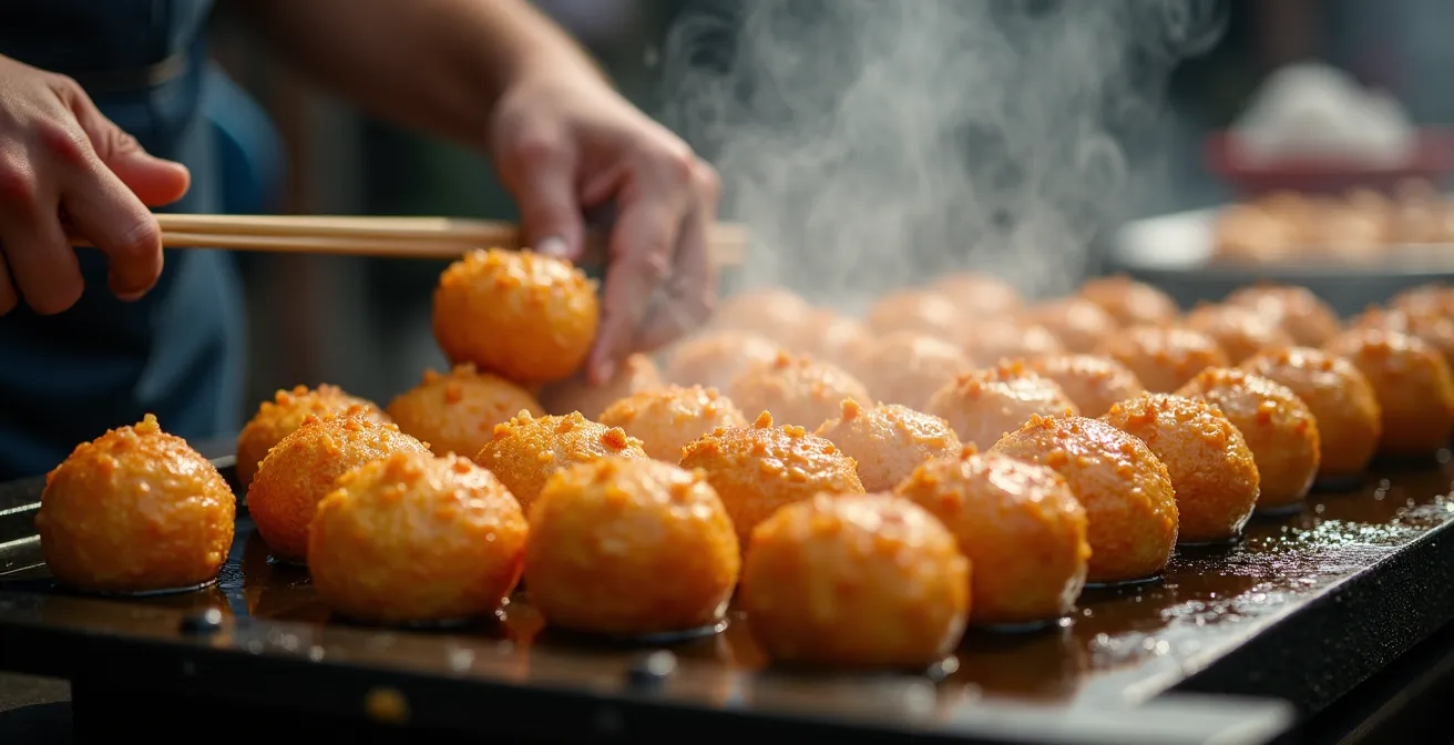 Gros plan sur les mains expertes d'un vendeur préparant des takoyaki au marché Kuromon