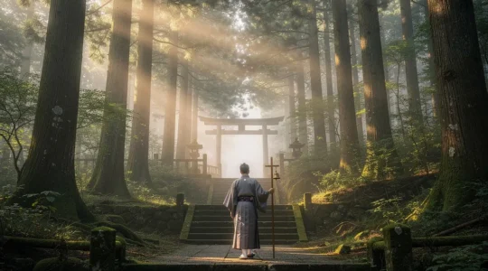Randonneur sur le sentier ancestral du Kumano Kodo traversant une forêt de cèdres japonais