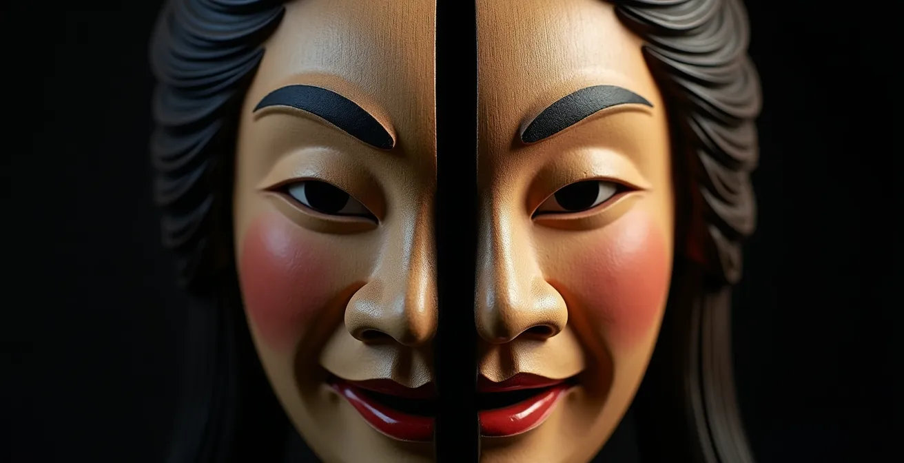 Représentation symbolique de la dualité honne et tatemae à travers des masques traditionnels japonais