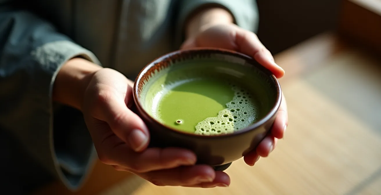 Mains tenant délicatement un bol de matcha lors de la cérémonie du thé japonaise