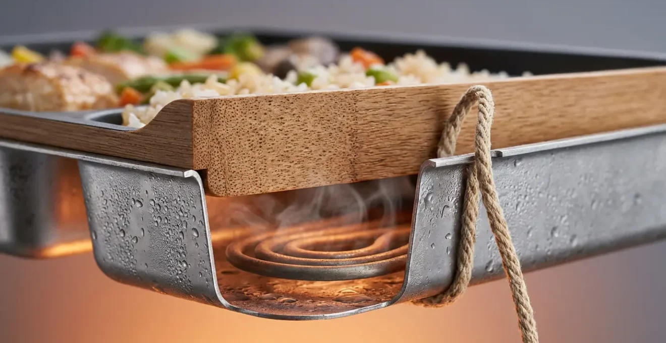 Mécanisme interne d'un bento auto-chauffant montrant la réaction chimique