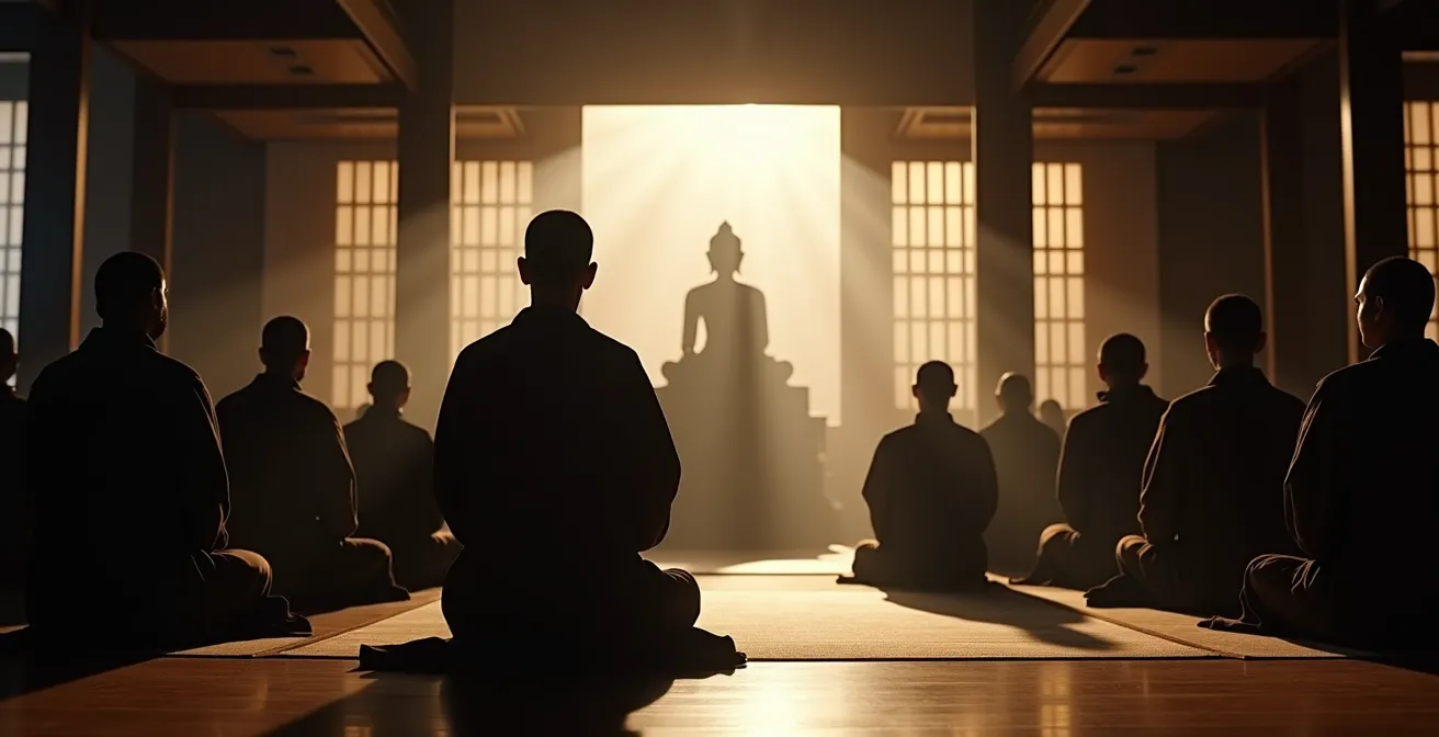 Intérieur d'un temple bouddhiste japonais à l'aube avec moines en méditation