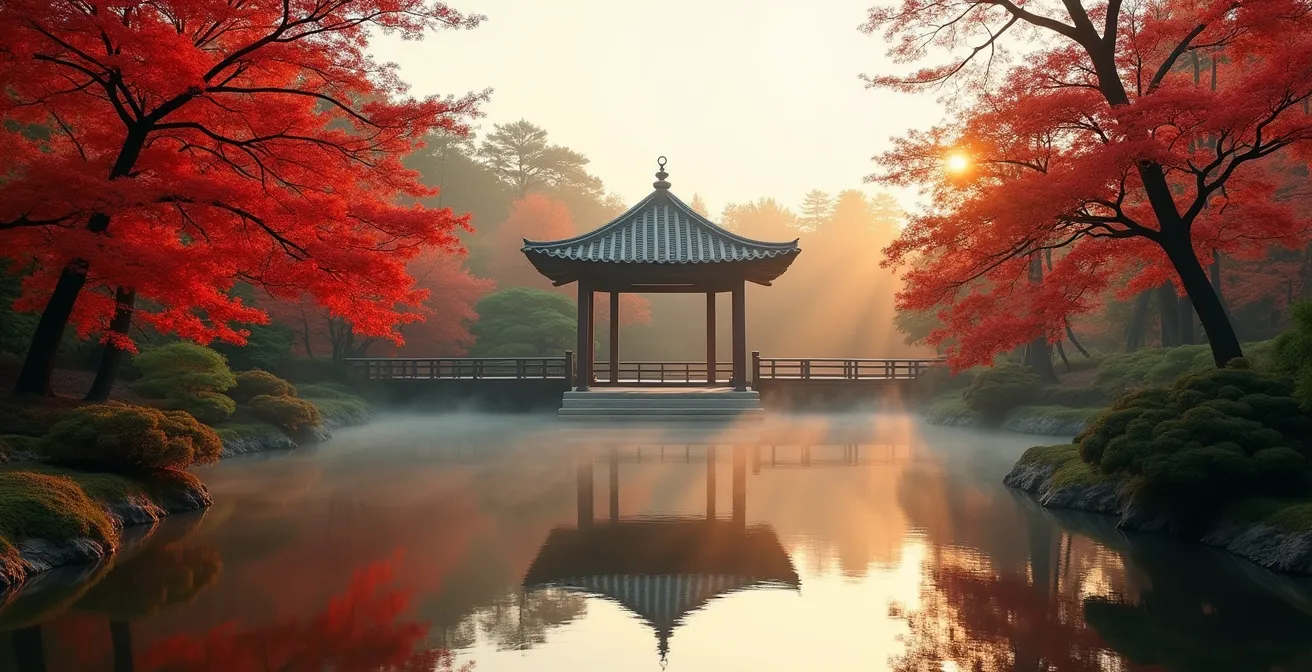 Jardin japonais privé en automne avec érables rouges flamboyants reflétés dans un étang