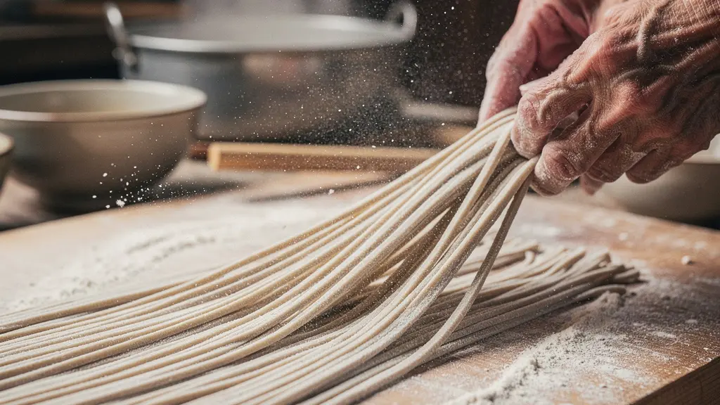 Maître artisan préparant des nouilles soba fraîches dans un atelier traditionnel de Nagano