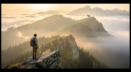 Randonneur observant paisiblement un serow japonais dans les montagnes alpines du Japon