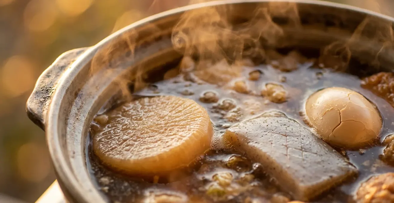 Vue macro des ingrédients d'oden mijotant dans leur bouillon avec vapeur montante