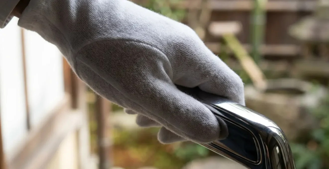 Gros plan sur une main gantée de blanc tenant délicatement une poignée de porte de véhicule dans un environnement japonais traditionnel