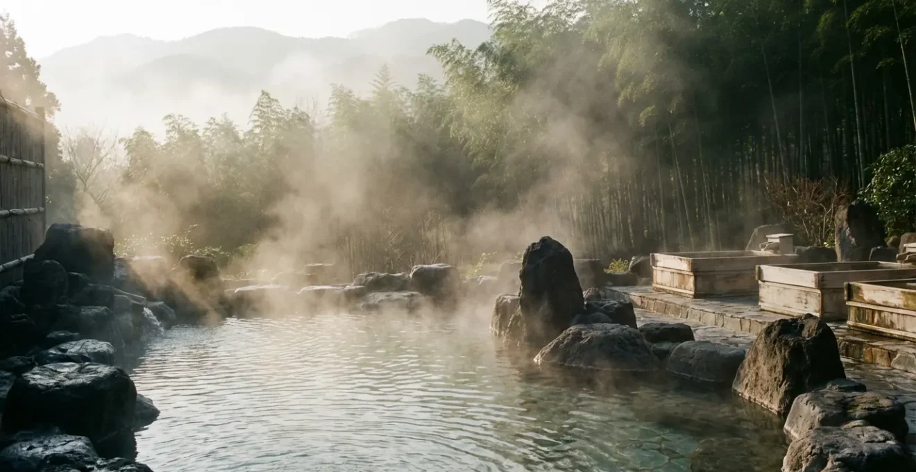 Vue panoramique d'un onsen extérieur naturel entouré de rochers volcaniques et de bambous, avec vapeur d'eau thermale s'élevant dans la lumière dorée