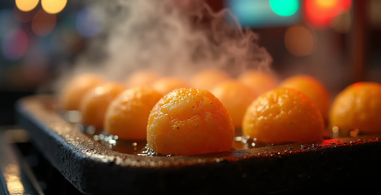 Gros plan sur des takoyaki dorés et fumants en cours de préparation dans leur moule