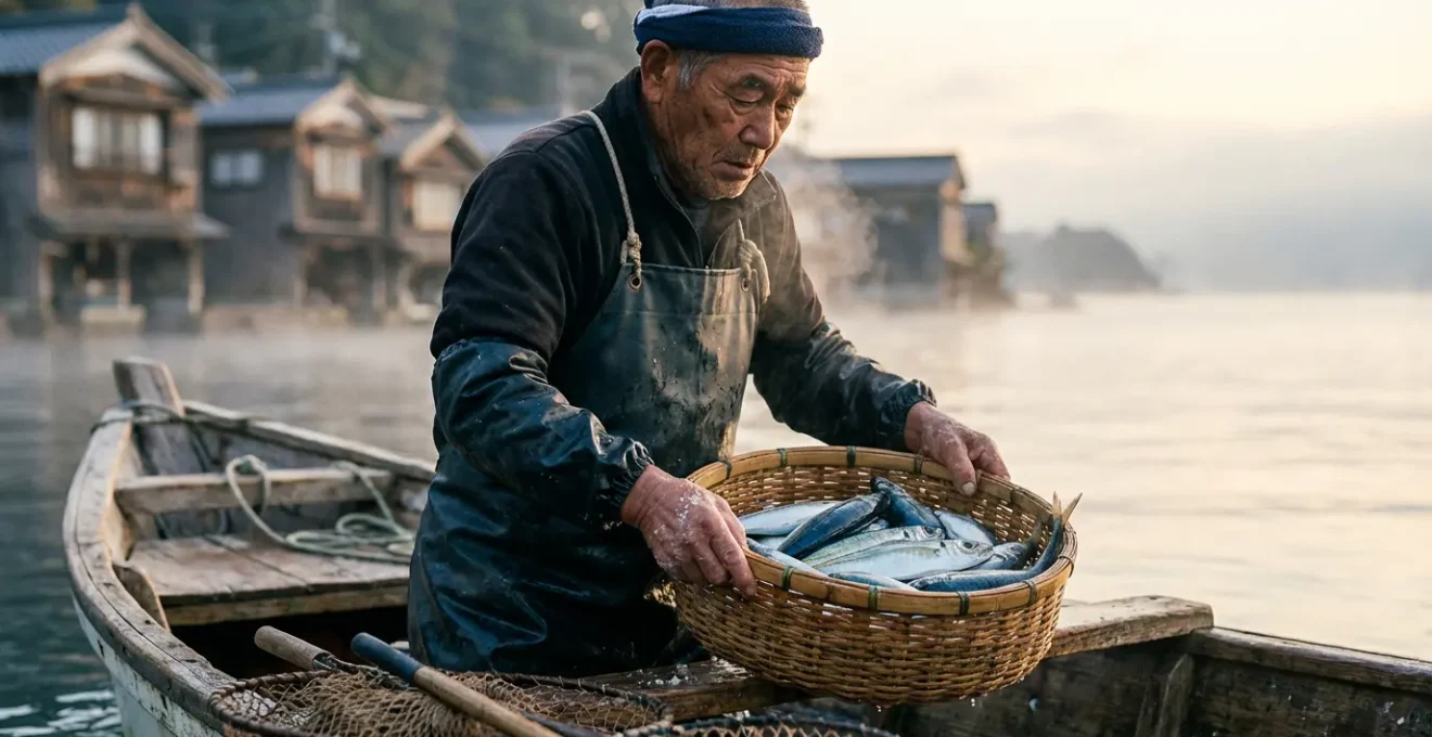 Pêcheur d'Ine déchargeant ses prises fraîches de son bateau au petit matin