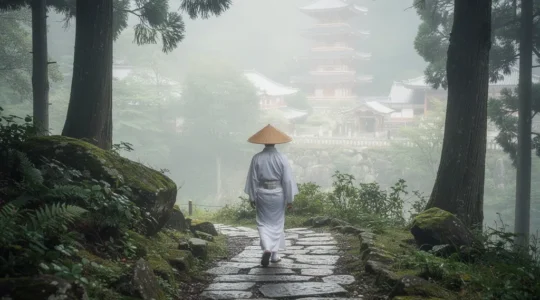 Pèlerin en tenue blanche traditionnelle marchant sur un sentier de montagne à Shikoku avec des temples visibles à travers la brume