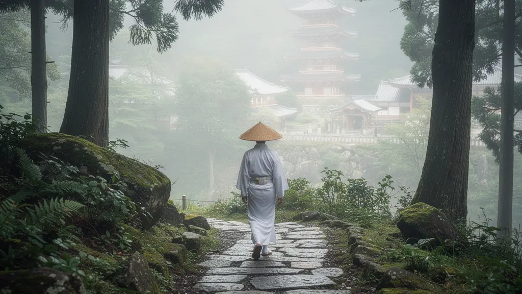 Pèlerin en tenue blanche traditionnelle marchant sur un sentier de montagne à Shikoku avec des temples visibles à travers la brume
