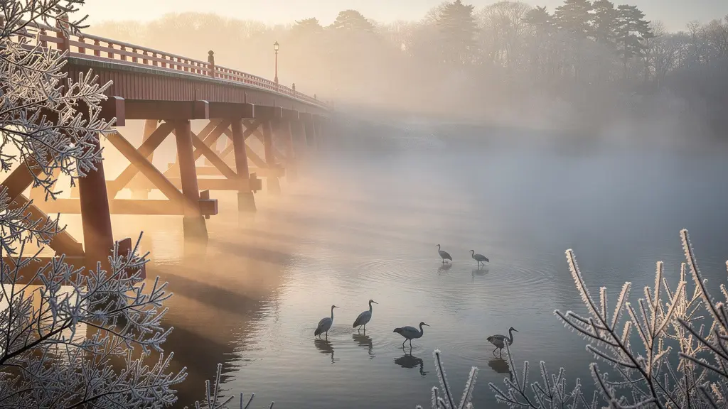 Vue panoramique du pont Otowa avec grues dans la brume matinale sur la rivière Setsuri