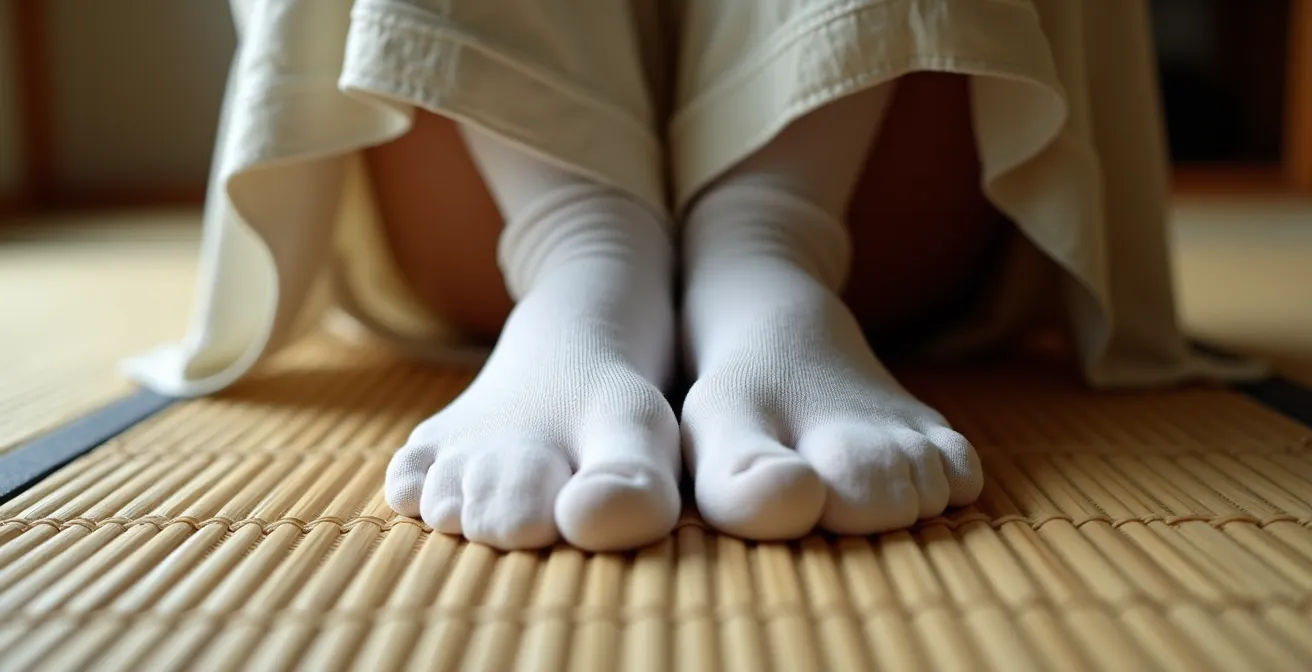 Position seiza traditionnelle sur tatami lors d'une cérémonie du thé