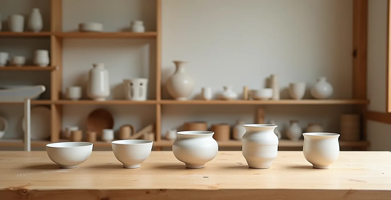 Vue d'ensemble d'un atelier montrant les différentes étapes du processus de réparation Kintsugi avec plusieurs pièces en cours