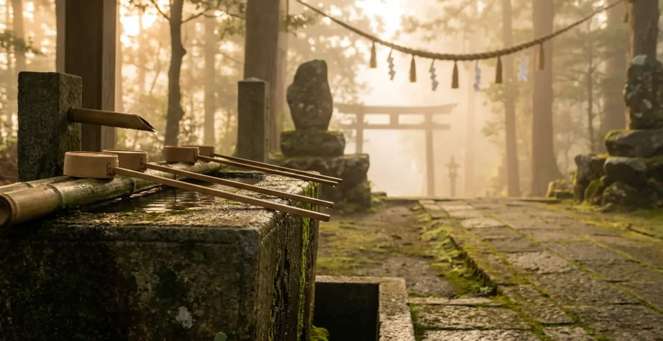 Rituel de purification temizu avec louche hishaku au sanctuaire shinto