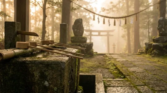Rituel de purification temizu avec louche hishaku au sanctuaire shinto
