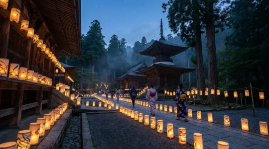 Vue nocturne d'un temple japonais illuminé par des lanternes traditionnelles pendant la fête d'Obon