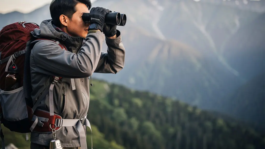 Randonneur observant la faune alpine avec des jumelles dans les montagnes de Nagano