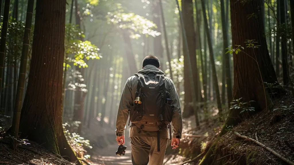 Randonneur équipé d'une clochette traversant une forêt dense de montagne au Japon