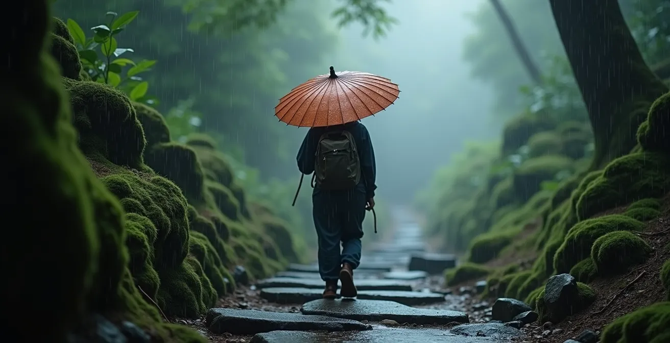 Randonneur équipé d'un parapluie japonais marchant sous la pluie dans la forêt brumeuse du Kumano Kodo