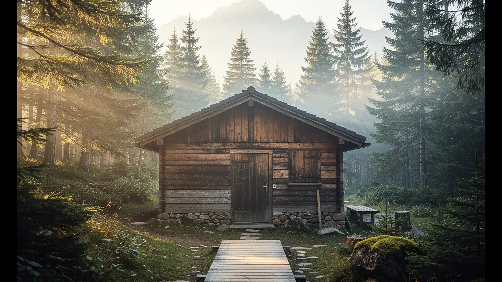 Refuge de montagne traditionnel japonais niché dans la forêt avec brume matinale