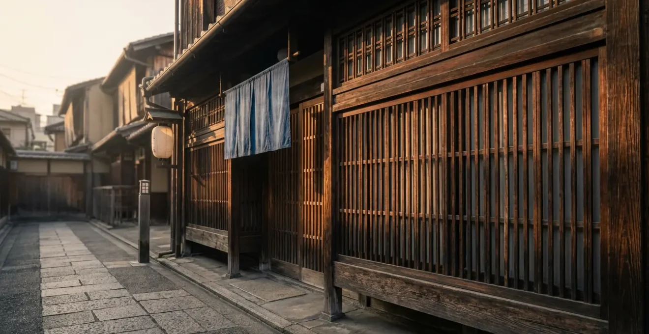Façade traditionnelle d'une machiya de Kyoto avec ses lattes de bois sombre et son jardin intérieur visible depuis la rue