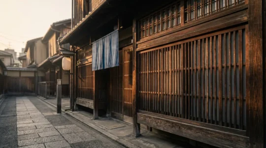 Façade traditionnelle d'une machiya de Kyoto avec ses lattes de bois sombre et son jardin intérieur visible depuis la rue