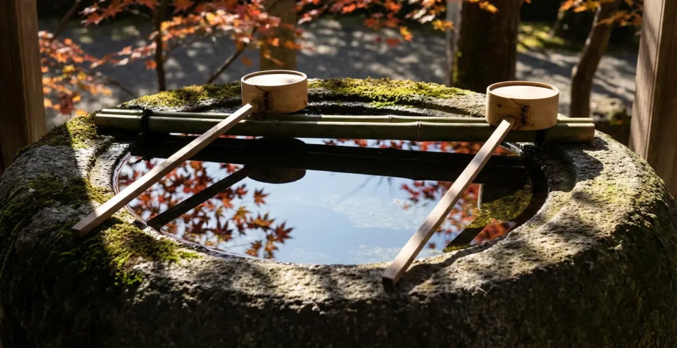 Bassin de purification traditionnel avec louches en bambou dans un sanctuaire