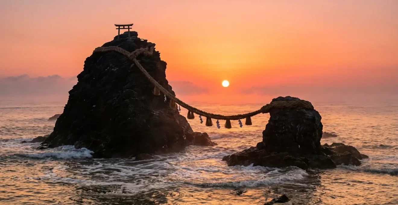 Les rochers mariés de Futami reliés par une corde shimenawa au lever du soleil