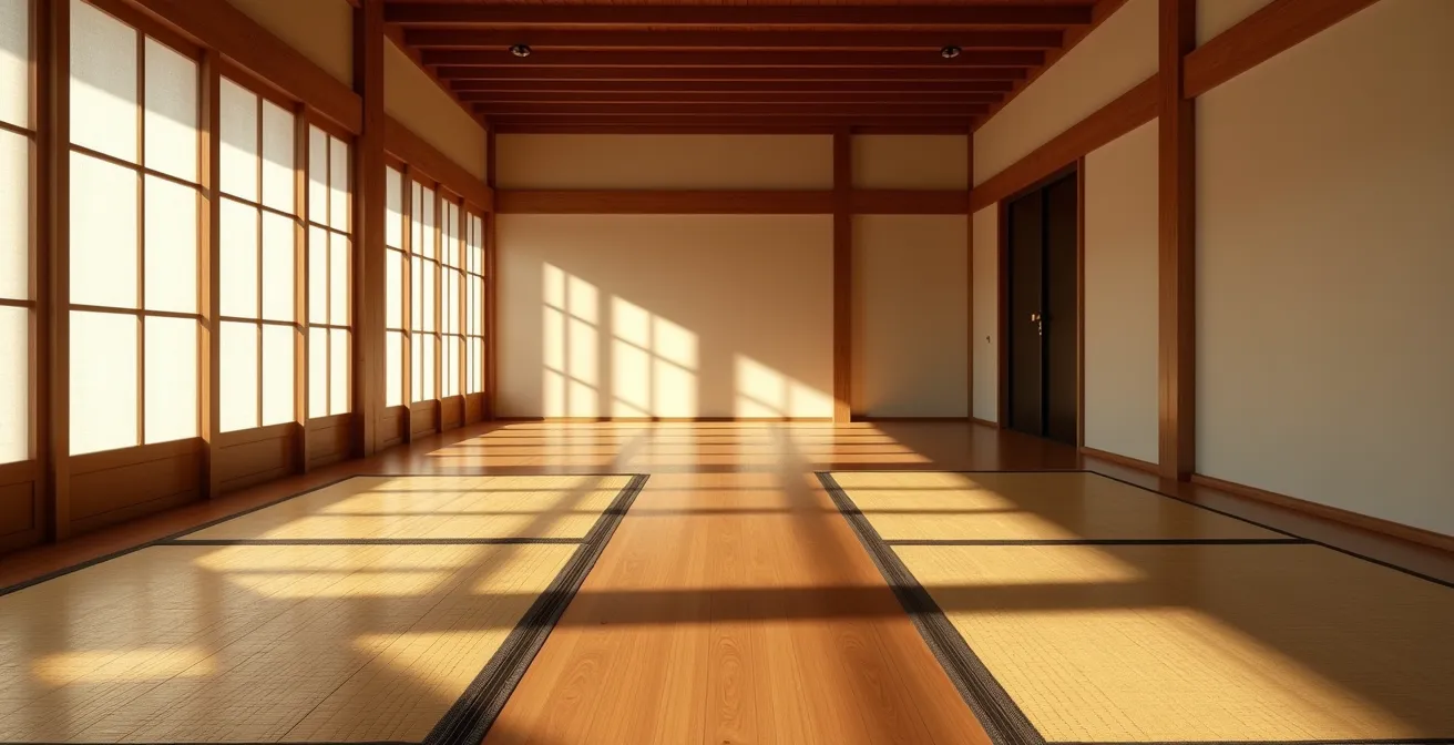 Corridor traditionnel d'un ryokan avec jeu d'ombres sur les panneaux shoji
