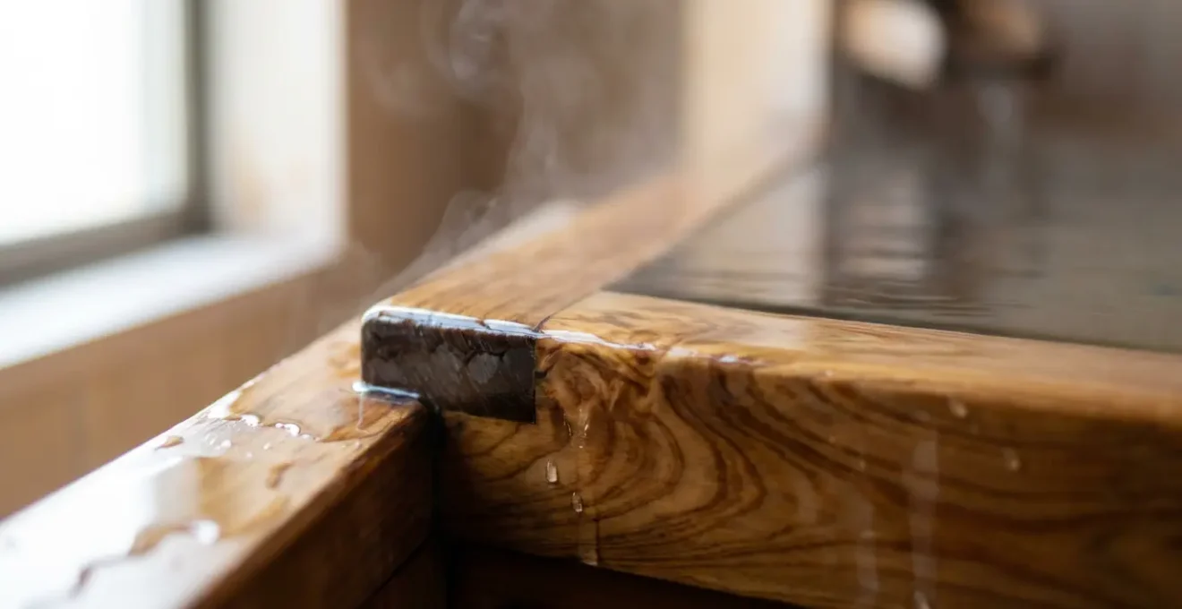 Salle de bain japonaise traditionnelle avec baignoire en bois de hinoki et sol en galets