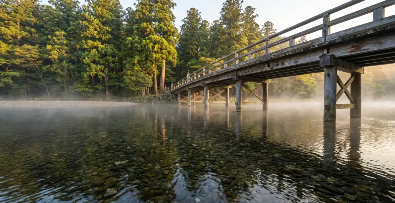 Pont Ujibashi traversant la rivière Isuzu avec architecture traditionnelle du sanctuaire d'Ise