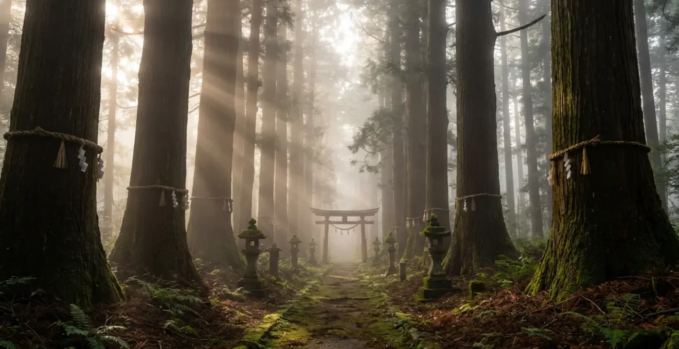 Allée de sanctuaire shinto traversant une forêt sacrée avec lanternes de pierre et torii rouge vermillon